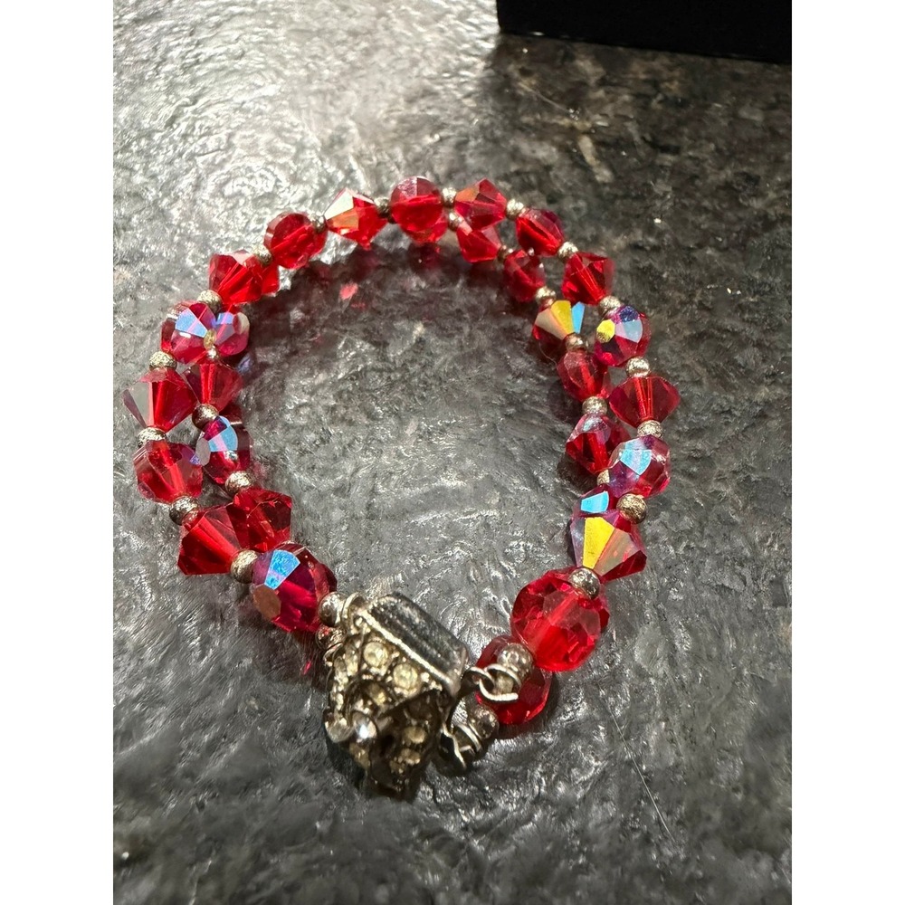 Vintage 1950s Red Aurora Borealis Crystal 2 Strand Bracelet‎ Rhinestone Clasp